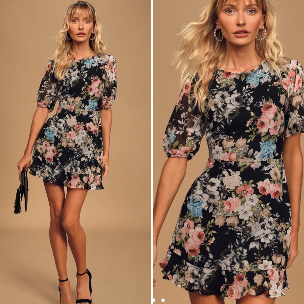 Lulus puff sleeve floral dress size m